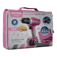 402401 EXTOL 12pcs Ladies Pink Power Tool Sets Home Tool Box Set Kit Electric Drill Screwdriver