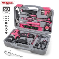 Hispec 60 Piece Women Pink Power Tool Sets Kit Electric Screwdriver with 12v Cordless Drill Li-ion Battery